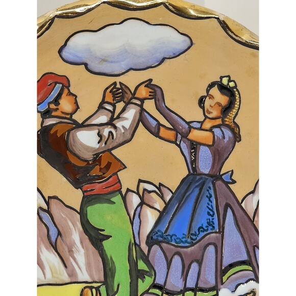 Antique Plate 1893-1923 Embossed "FOREIGN" on Back Old Folkart Dancing Couple - Picture 5 of 11